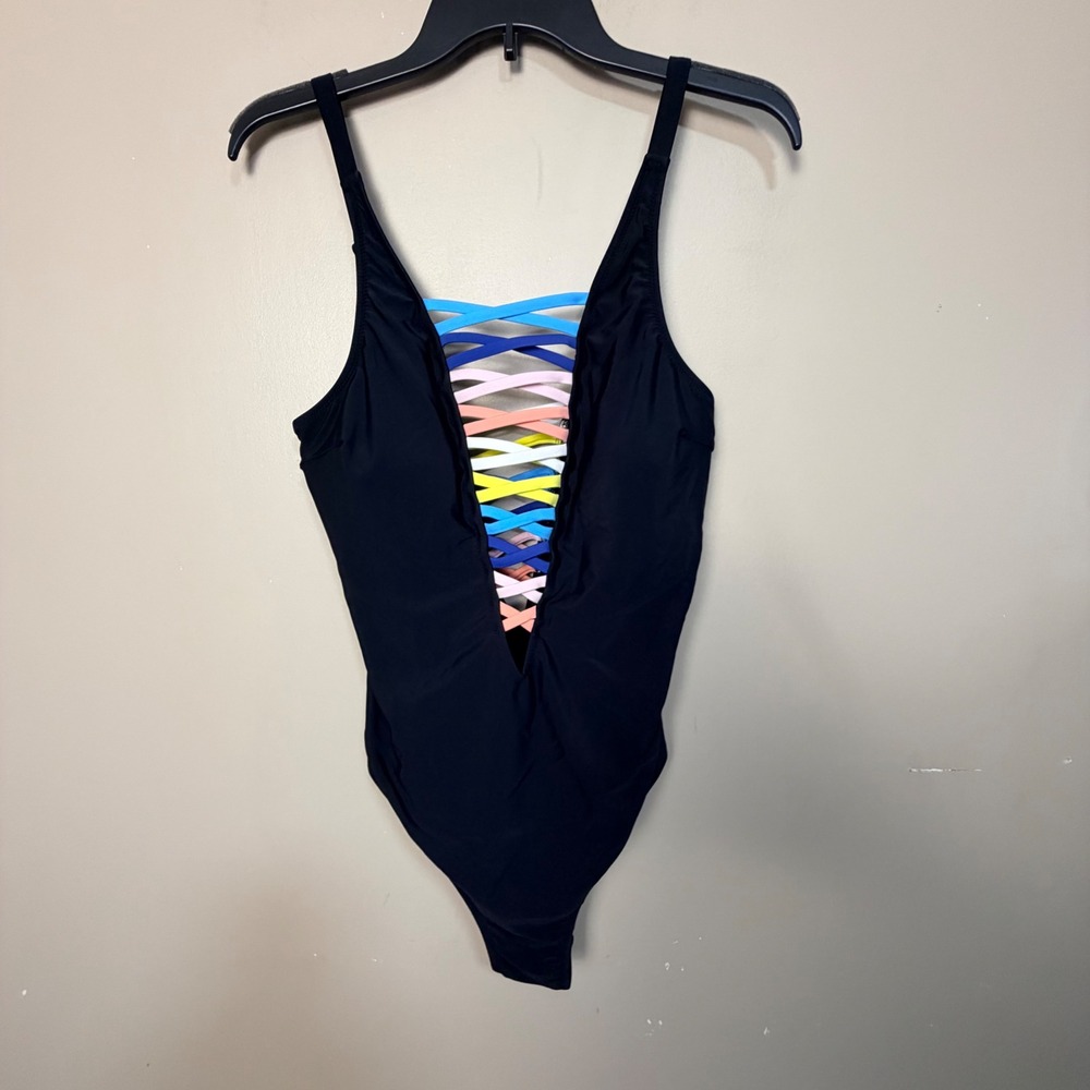Women One Piece Swimsuit Large Black Rainbow Lattice V-Neck Strappy